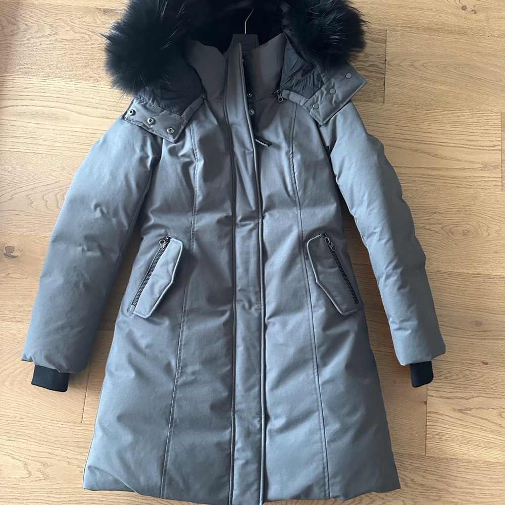 Elegant Mackage Down Parka with sheepskin collar and fur trim